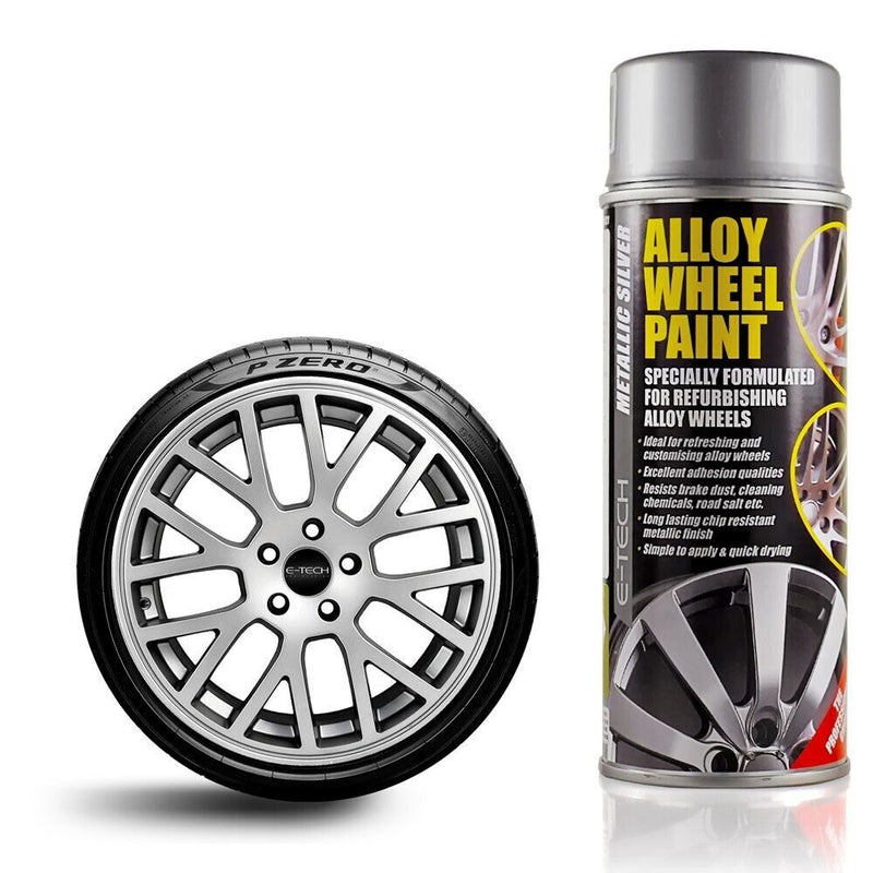 E-Tech 2x Silver Car Alloy Wheel Spray Paint + 1x Clear Lacquer 400ml Cans +Caps