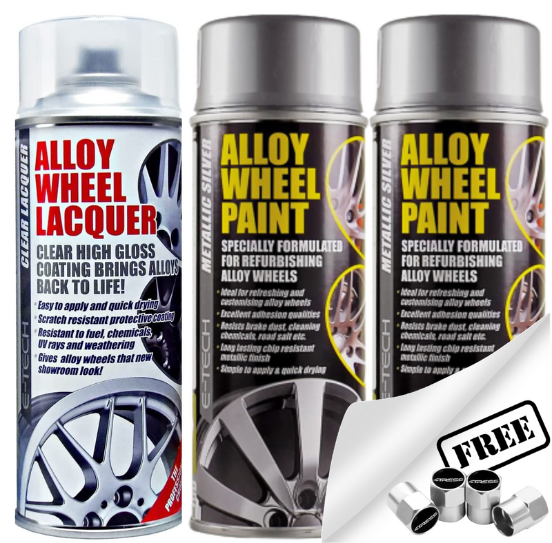 E-Tech 2x Silver Car Alloy Wheel Spray Paint + 1x Clear Lacquer 400ml Cans +Caps