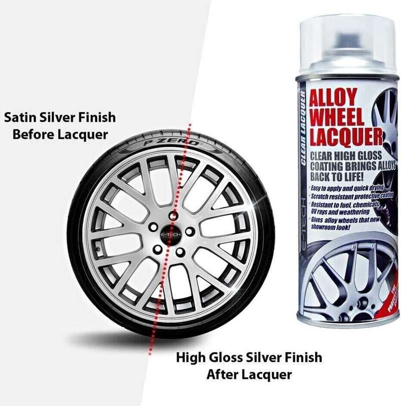 E-Tech 2x Silver Car Alloy Wheel Spray Paint + 1x Clear Lacquer 400ml Cans +Caps