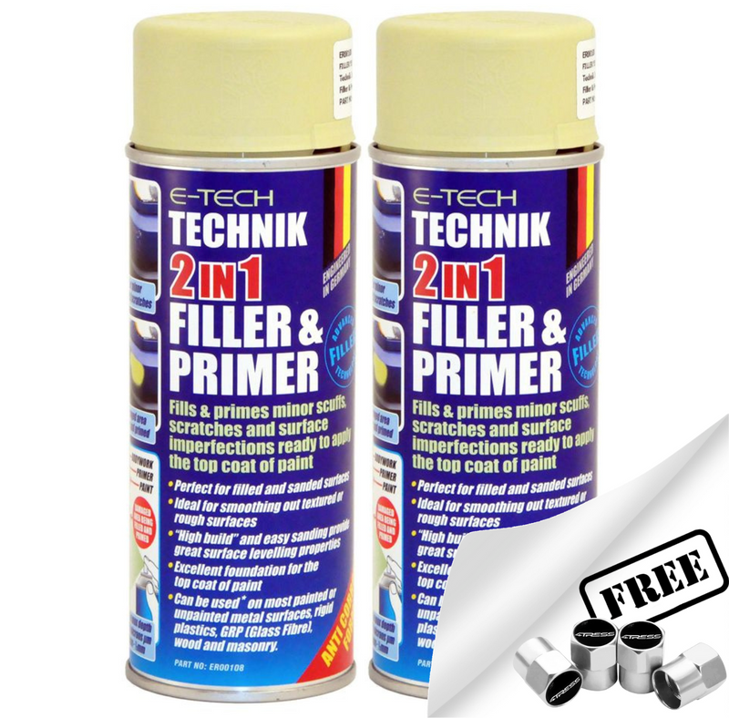 2x E-Tech TECHNIK 2 in 1 High Build Filler & Primer Spray Paint 400ml Cans +Caps