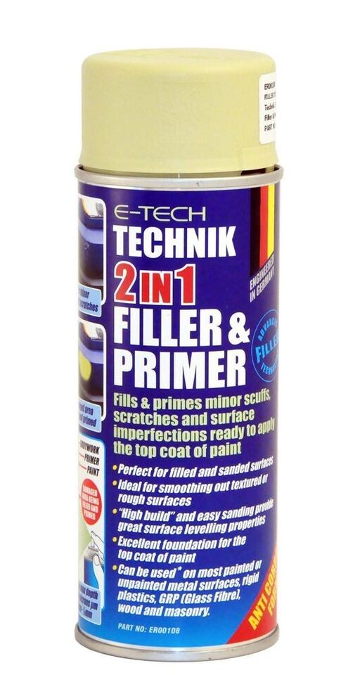 2x E-Tech TECHNIK 2 in 1 High Build Filler & Primer Spray Paint 400ml Cans +Caps