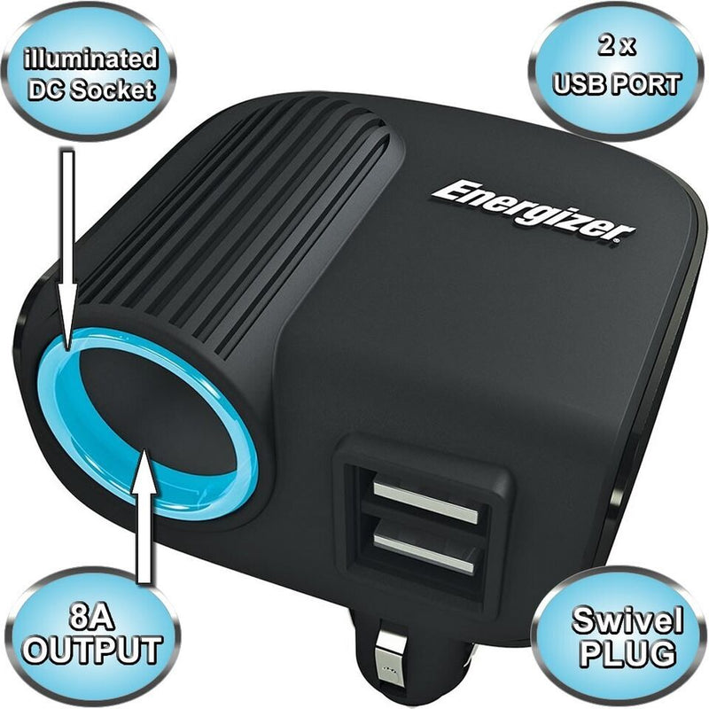 Energizer 12/24v Car Cigarette Lighter Socket Twin USB Ports Power Adapter +Caps