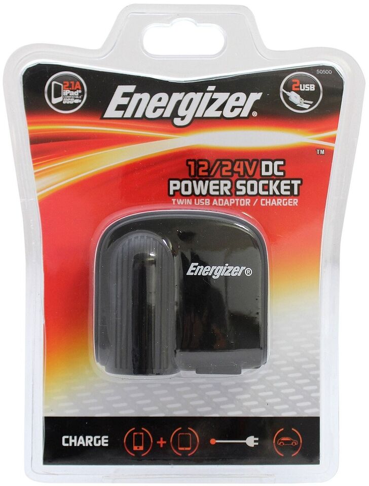 Energizer 12/24v Car Cigarette Lighter Socket Twin USB Ports Power Adapter +Caps