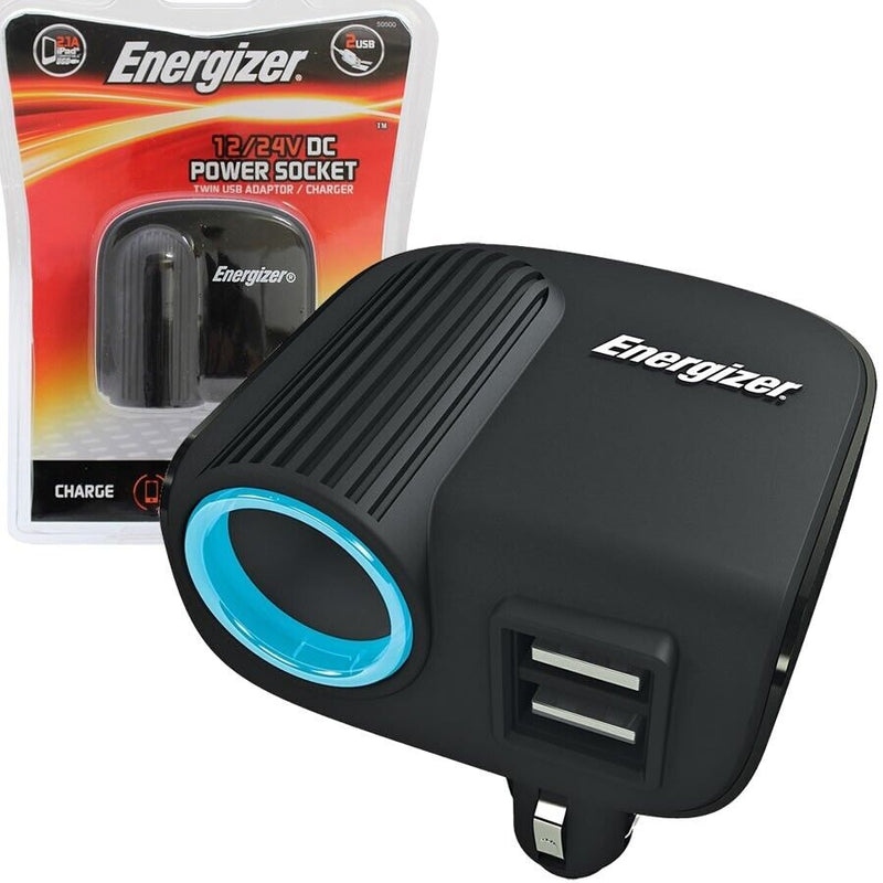 Energizer 12/24v Car Cigarette Lighter Socket Twin USB Ports Power Adapter +Caps