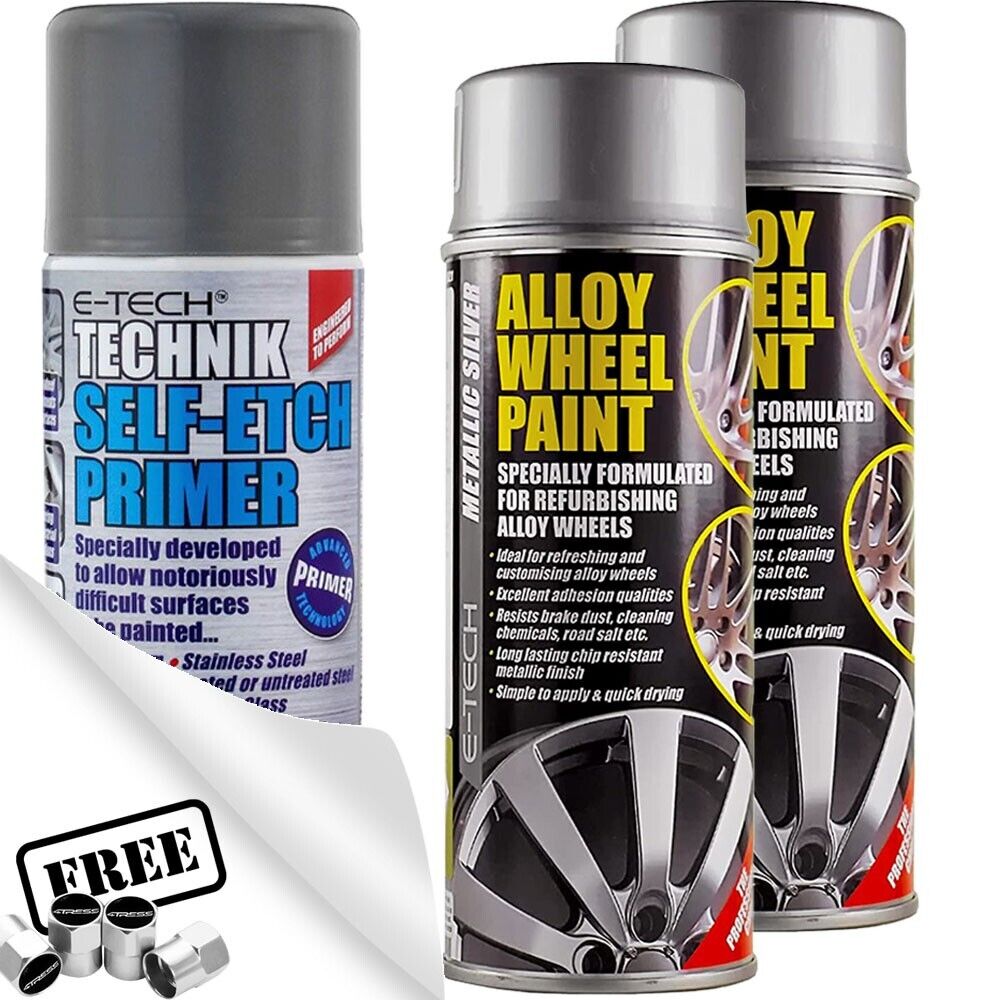 2x Silver Car Alloy Wheel Spray Paint + Technik Self Etch Primer Can +Caps