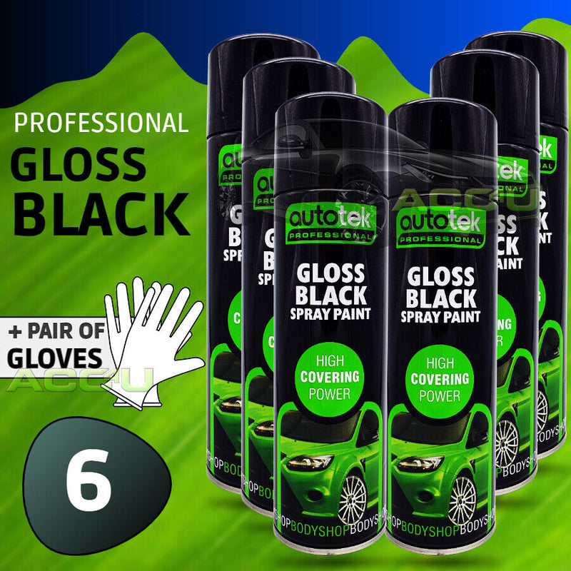 6 x Autotek Gloss Black Spray Paint Professional Bodyshop High Covering Power+G+C✅