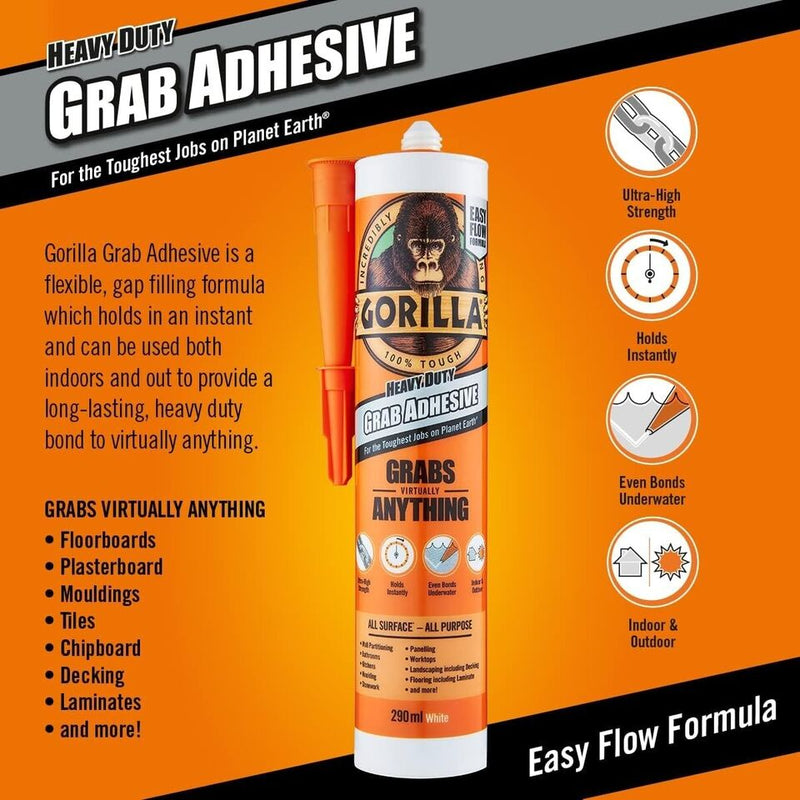 4x Gorilla Heavy Duty Grab Adhesive All Purpose Instant Grip Glue Waterproof +Caps