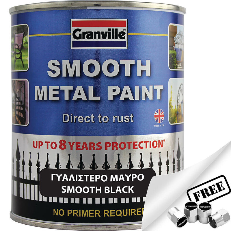 Granville Smooth Black Finish Direct To Rust Metal Brush On Paint Tin +Caps