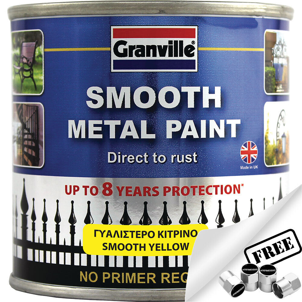 Granville Smooth Yellow Finish Direct To Rust Metal Brush On Paint Tin +Caps