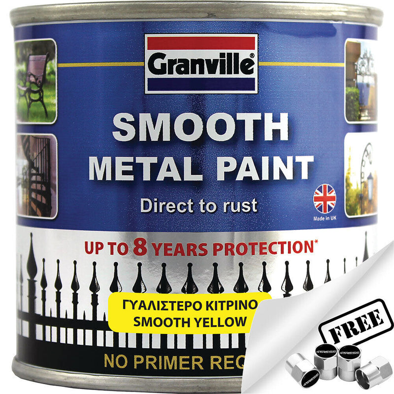 Granville Smooth Yellow Finish Direct To Rust Metal Brush On Paint Tin +Caps