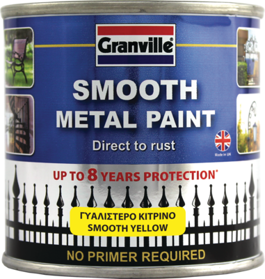 Granville Smooth Yellow Finish Direct To Rust Metal Brush On Paint Tin +Caps