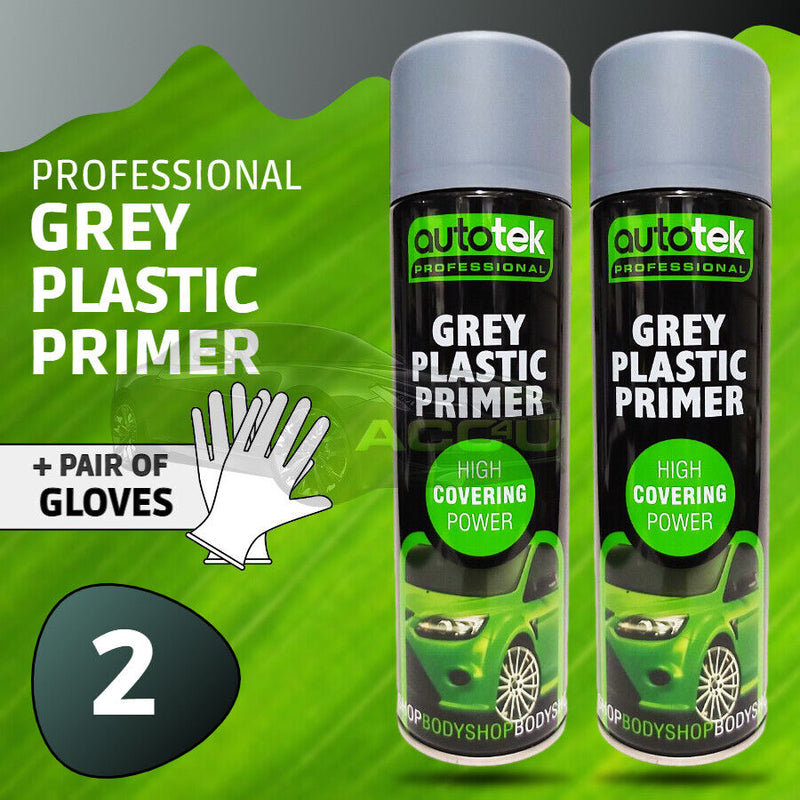 2 x Autotek GREY PLASTIC PRIMER Spray Paint Professional High Covering +G+C✅