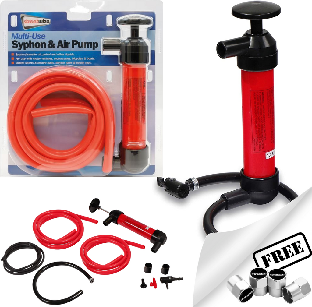 Hand Syphon & Air Pump For Car Oil Petrol Fuel Multi Use Transfer Kit +Caps