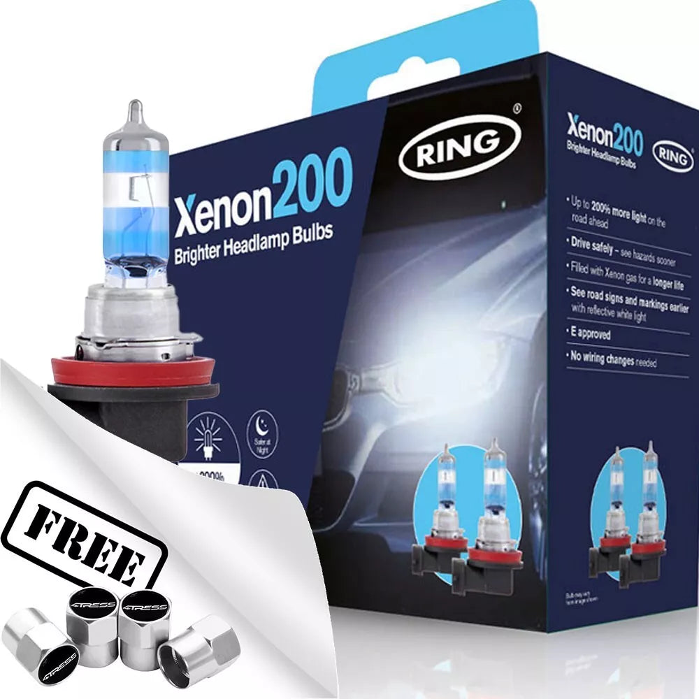 Ring Xenon200 H11 12v 55W Car 200% Upgrade Headlight Headlamp Bulbs Set +Caps