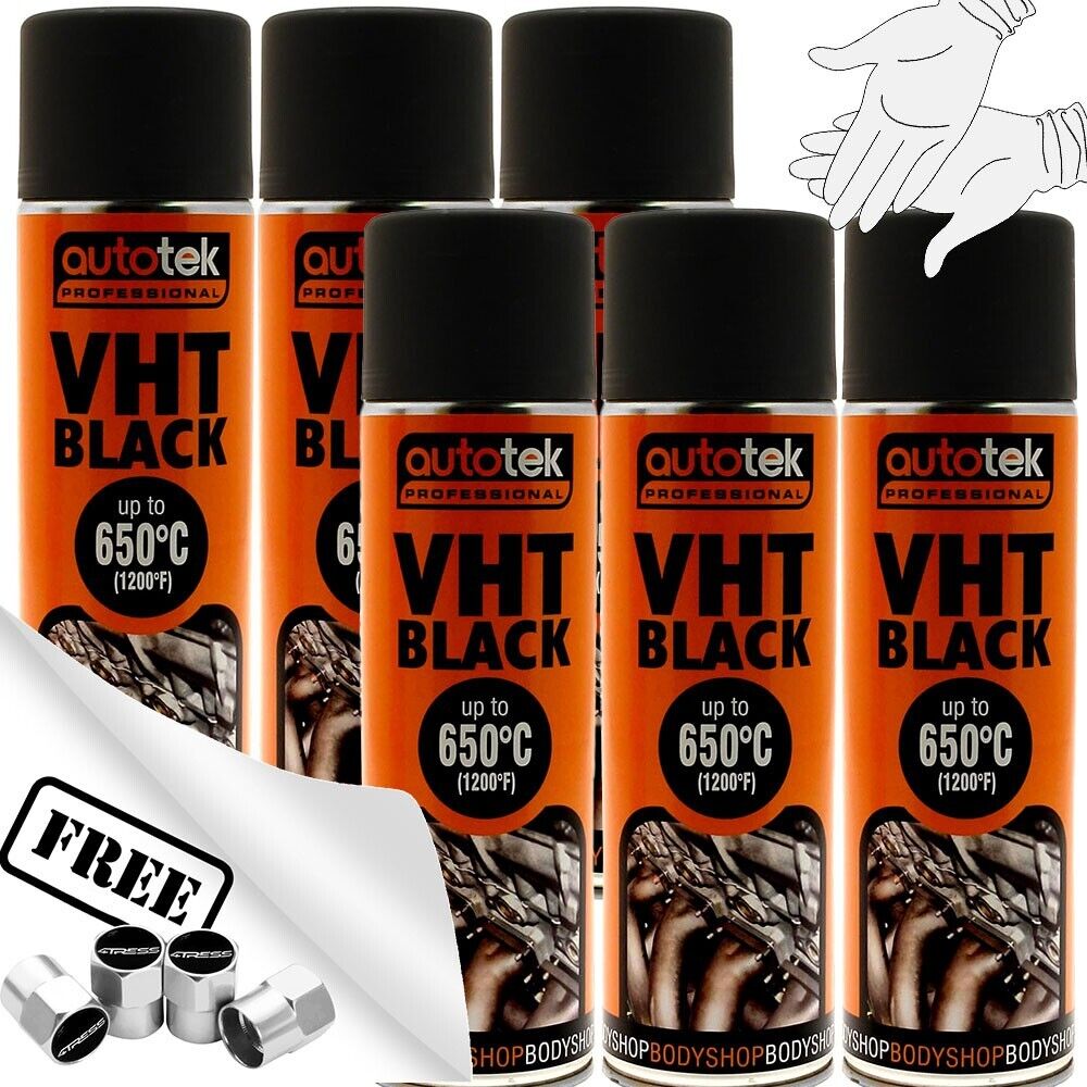 6x Autotek VHT High Temperature Upto 650°c Spray Paint Cans 500ml Black + G + C