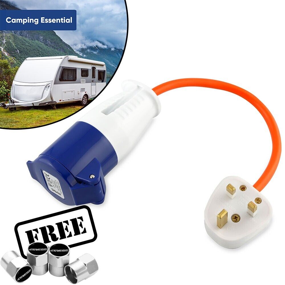 Mains Plug to Caravan Camping 3 Pin Power Hookup Socket Converter Adapter +Caps