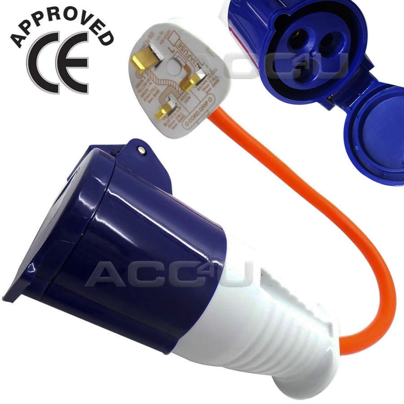 Mains Plug to Caravan Camping 3 Pin Power Hookup Socket Converter Adapter +Caps