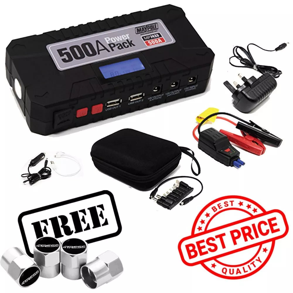 Maypole Portable Lithium Car Battery Jump Starter Power Pack 12V 500A +Caps