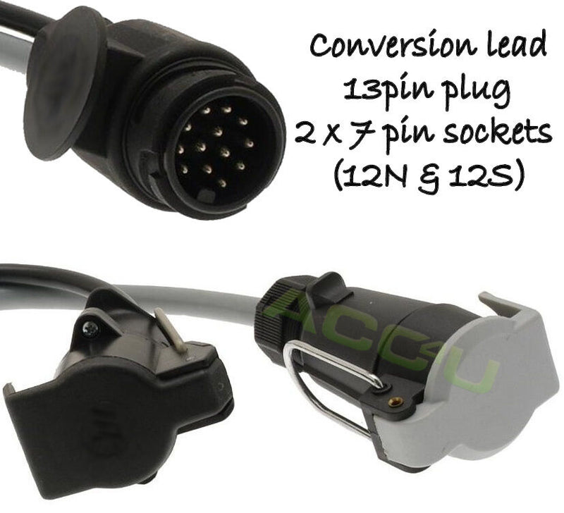 Maypole Trailer Caravan Lead Adapter Twin Convertor 13 Pin To 7 Pin 12V + Caps