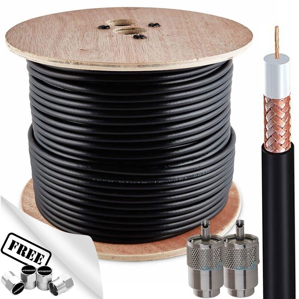 Black Mini 8 Coaxial Cable 50m Roll Drum 50 Ohm Low Loss CB Radio Coaxial Cable +Caps