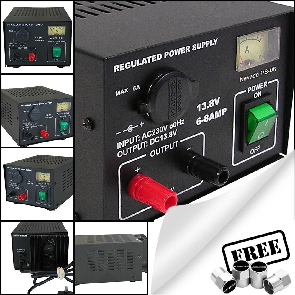 Nevada 12v CB Radio Home Power Supply 230v to 13.8v DC 6-8A Switching PS08 +Caps