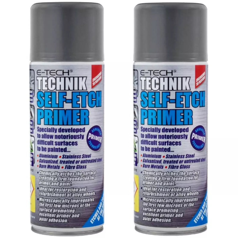 2x E-Tech Technik Self Etch Primer Metal Alloy Wheel Grey Spray Paint 400mL Cans