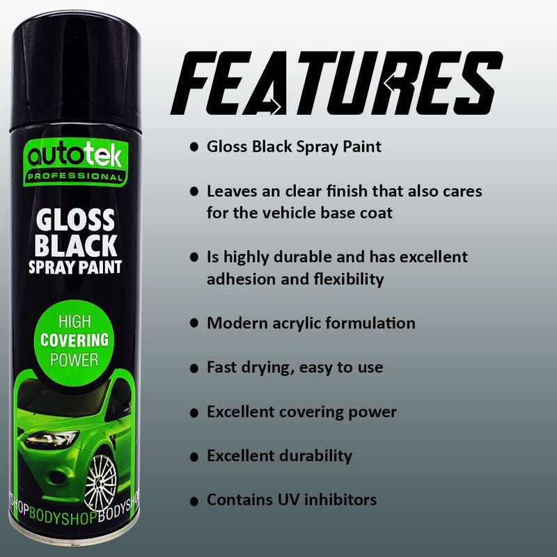 6 x Autotek Gloss Black Spray Paint Professional Bodyshop High Covering Power+G+C✅