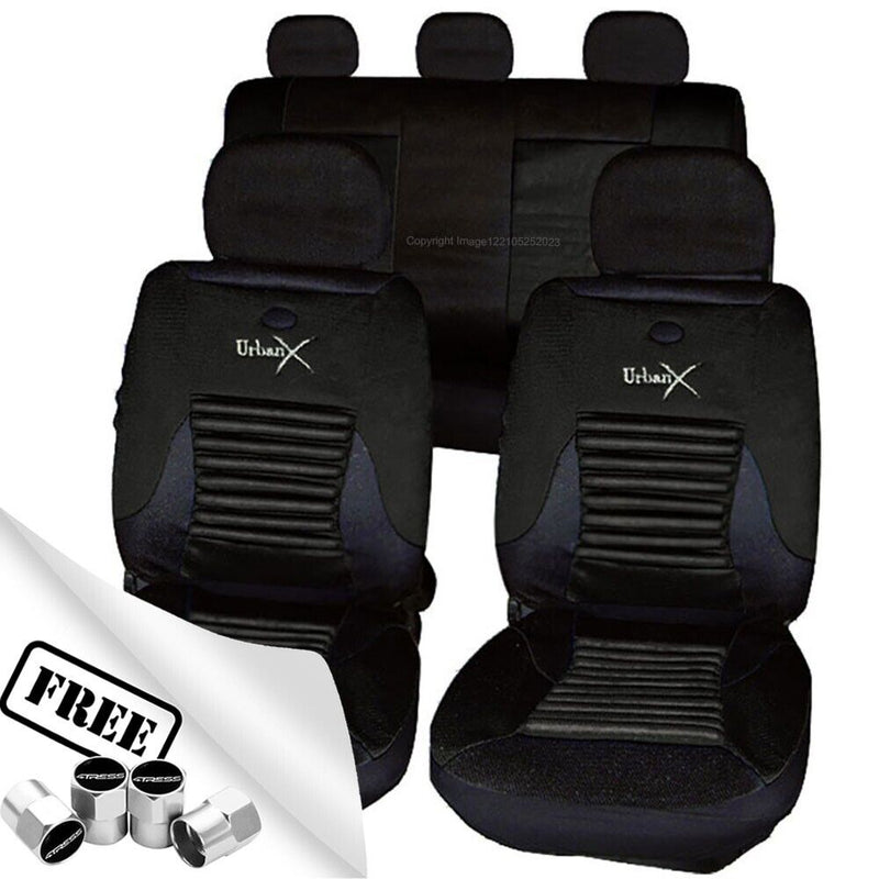 Black Mesh Look Lumbar BACK SUPPORT Airbag Car Seat Covers Set Package +Caps