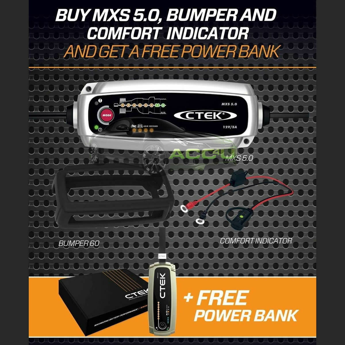 CTEK MXS 5.0 12v Car Battery Charger +Bumper +Power Bank +Eyelet Pack
