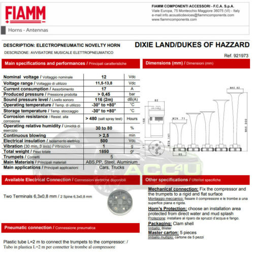 FIAMM Italy Dixie Land Dukes Of Hazzard Car Musical Tune Air Horn Kit