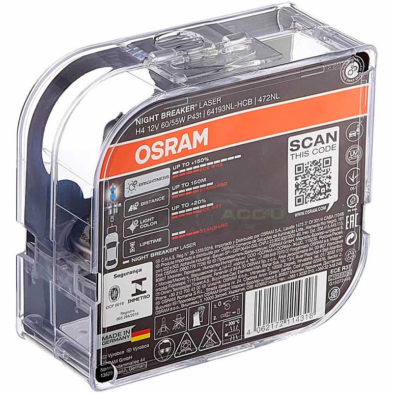 Osram Night Breaker Laser 12v H4 Car 150% Upgrade Headlight Bulbs Set